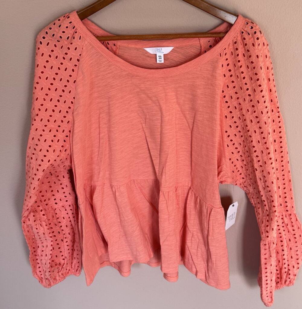 Time and Tru Women's Eyelet Top Size XXL Orange Ruffle Hem